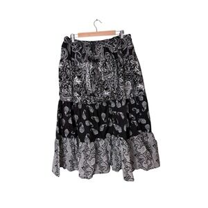 CJ Banks Black Paisley Drawstring Tiered Bohemian A-Line Skirt‎ Womans Size X